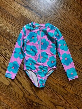 Kids Long-Sleeve Pink Floral One-Piece Swimsuit with Front Zip